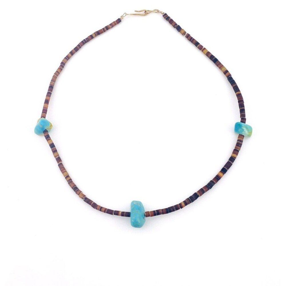 Vintage Turquoise Pebble Brown Shell Heishi Southwestern Choker Necklace 15.25"